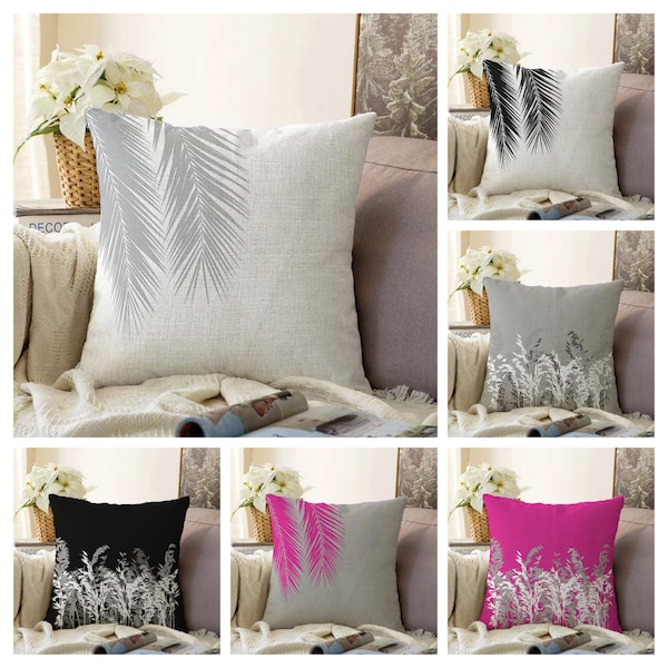 Feather Cushion Cover|Decorative Pillow Case|Flower Throw Pillow Case|Floral Living Room Decoration|Grey, Black, Pink Cushion Cover|