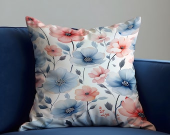 Pastel Floral Cushion Cover, Botanical Flower Pillow Cover, Decorative Sofa Throw Pillowcase