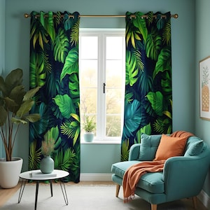 Tropical Leaf & Lush Green Curtains, Monstera and Fern Print Drapes, Green Palm Leaves Window Treatments, Leafy Bedroom or Living Room Decor