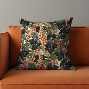Giraffe Jungle Cushion Cover, Safari Animal Pillow Case, Figs and Foliage Tropical Botanical Throw Pillow Cover