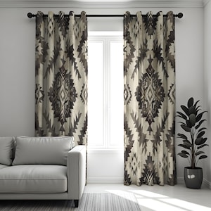 Neutral Aztec Curtains, Boho Tribal Print Drapes, Made to Measure Window Panels with Geometric Pattern for Rustic, Western or Modern Decor