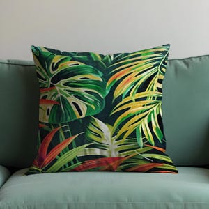 Tropical Leaf Cushion Cover, Jungle Monstera Pillowcase, Bold Green Botanical Throw Pillow Cover, 18x18” Square, Exotic Summer Decor