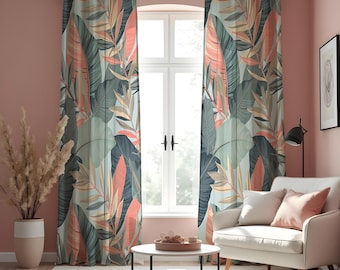 Cortinas con estampado de hojas tropicales, suaves cortinas botánicas en tonos pastel rubor y verde salvia, modernos paneles de ventana con estampado de hojas de palma.