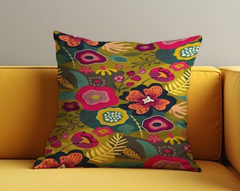 Funda de cojín con flores vibrantes, funda de almohada botánica bohemia llamativa, accesorio decorativo para sofá o cama, funda de cojín hecha a medida