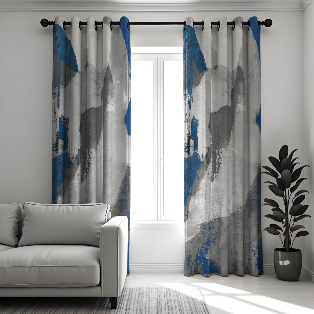 Grey and Blue Abstract Curtains, Modern Artistic Brushstroke Drapes ...
