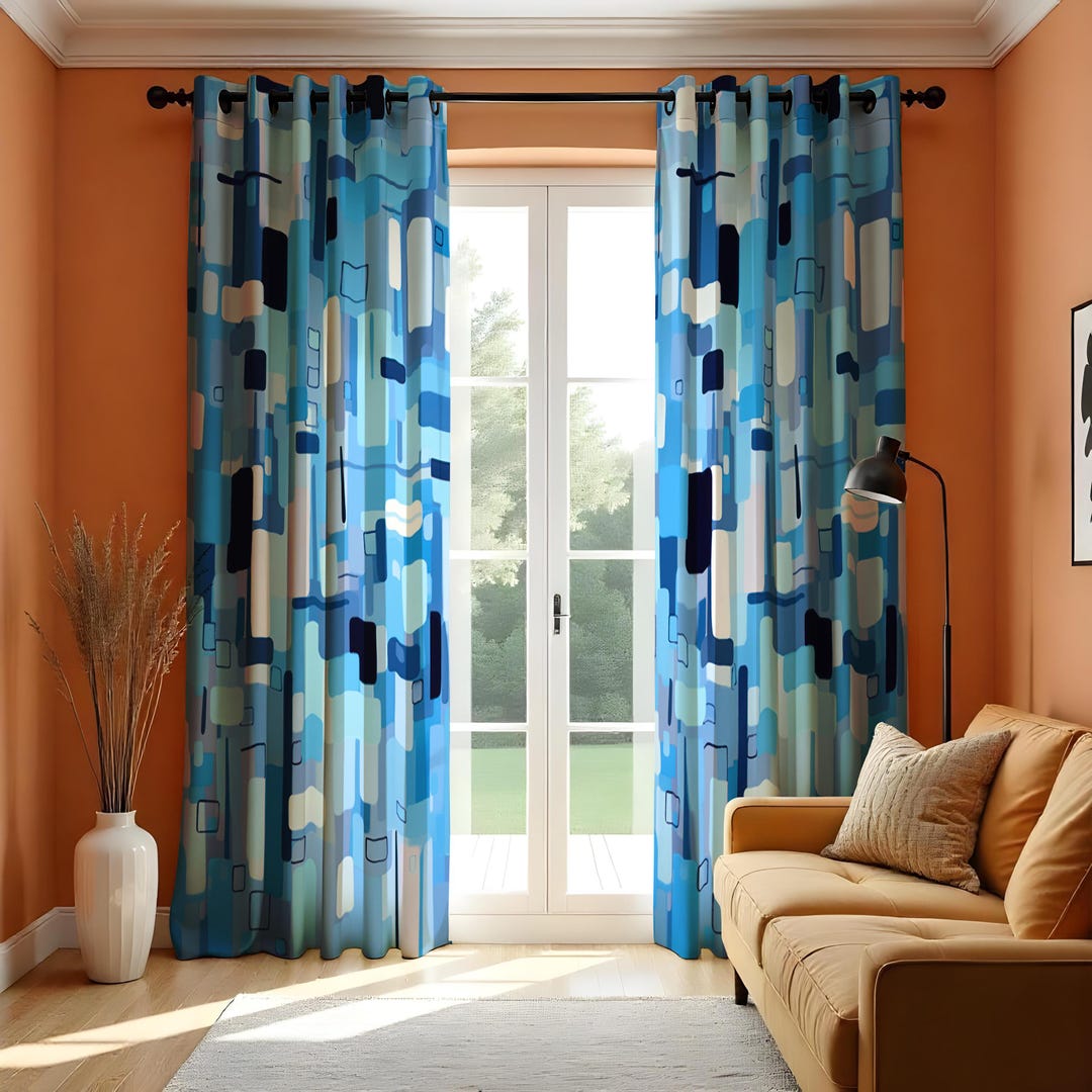 Blue Abstract Curtains, Geometric Window Drapes, Mid Century Modern ...