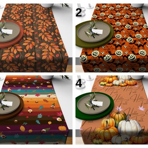 Pode incluir: Quatro caminhos de mesa com tema de outono. O primeiro apresenta um fundo castanho com folhas laranja. O segundo tem um fundo laranja com motivos de Halloween. O terceiro tem um padrão listrado com gnomos e elementos de outono. O quarto tem abóboras e o texto "Hello Fall".