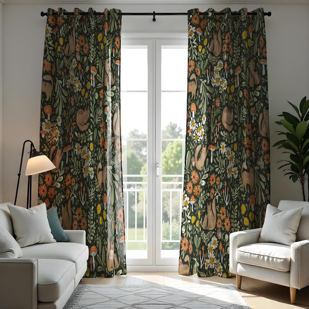 Floral & Fox Print Curtain, Botanical Pattern Window Treatment, Green ...