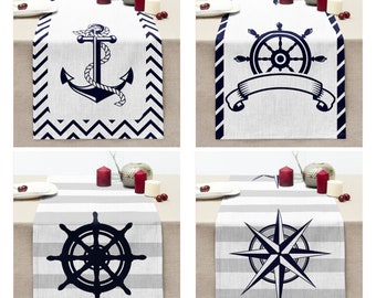 Coastal Table Runner, Nautical Table Decoration, Summer Anchor Navy Blue Dining Room Decor, Beach Compass Pattern Table Cloth, Gift For Her