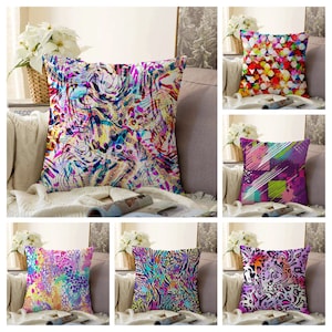 Housse de coussin effet peinture|Taie d&#39;oreiller vive et lumineuse|Housse de coussin abstraite|Décoration de salon multicolore|Cadeau de pendaison de crémaillère pour elle|