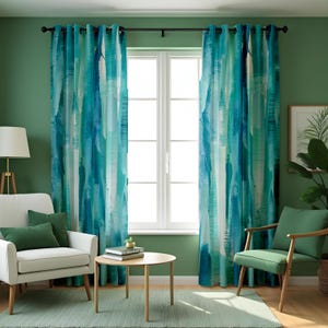 Modern Blue & Green Abstract Watercolor Curtains, Artistic Brushstroke Window Treatment, Custom Size Drapes, Made to Order Bespoke Curtains