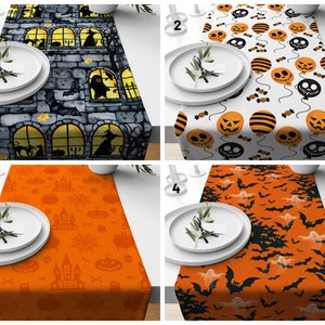 Puede incluir: Cuatro caminos de mesa de Halloween con diferentes diseños. El primer camino de mesa presenta una casa de piedra gris con ventanas y murciélagos. El segundo camino de mesa tiene un fondo blanco con globos de calabaza naranja y negro. El tercer camino de mesa tiene un fondo naranja con iconos de Halloween negros y naranja. El cuarto camino de mesa tiene un fondo naranja con murciélagos negros y fantasmas blancos.