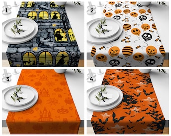 Halloween Ghost House, Witch, Bat Tablecloth Runner/Halloween Balloon, Sugar Table Runner/ Haunted House, Carved Pumpkin, Spider Web  Runner