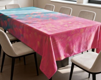 Pink Turquoise Abstract Tablecloth, Modern Colorful Dining Table Cover, Artistic Printed Table Linen for Home Decor