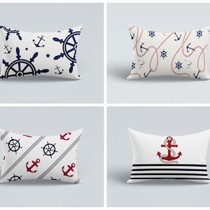 Marina rectangular nautical striped boudoir pillow case/Coastal anchor cushion cover/Beach house pillow cover/Beach decor/Navy Blue anchor