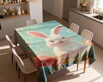 Osterhasen Tischdecke, Süßer Kaninchen Frühling Esstisch Abdeckung, Pastell Grün Floral Rechteckige Tischwäsche