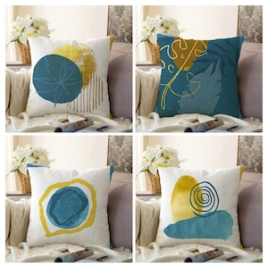 Abstract Modern Pillow Cover, Blue Yellow Boho Cushion Case, Mid Century Modern Living Room Decor, Bohemian Bedroom Textiles
