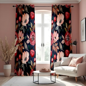 Watercolor Floral Curtains, Navy Blue & Red Romantic Rose Print Drapes, Botanical Window Treatment, Custom Length Panel Curtains