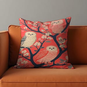 Whimsical Owl Cushion Cover, Illustrated Birds on Tree Branch Throw Pillow Cover,  Woodland Decor, Any Size Pillow Cover