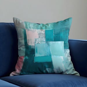 Teal Abstract Blocks Cushion Cover, Modern Textured Throw Pillow Cover. Blue Aqua & Blush Tones Contemporary Art-Inspired Decor