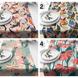 Jungle Floral Table Runner, Botanical Exotic Parrot, Tiger Table Top, Colourful Flowers Table Linens, Dining Room Decor