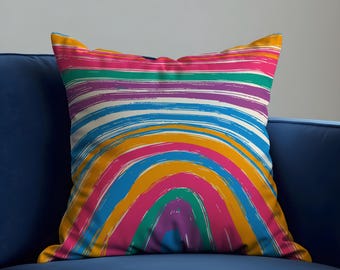 Rainbow Arch Abstract Cushion Cover, Colourful Throw Pillowcase, Modern Boho Home Decor, 18x18” Square, Made to Order Accent Pillowcase