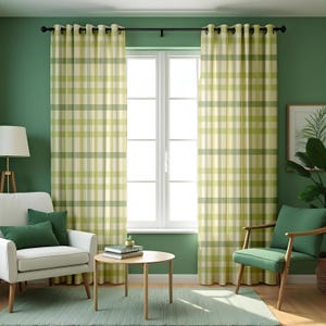 Cortinas de cuadros vichy verdes, paneles de ventana estilo rústico, cortinas a medida para cocina, sala de estar o decoración de casa de campo.