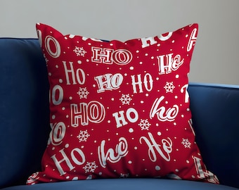 Federa per cuscino natalizio con stampa Ho Ho Ho, federa per cuscino natalizia rossa, cuscino decorativo festivo con fiocchi di neve