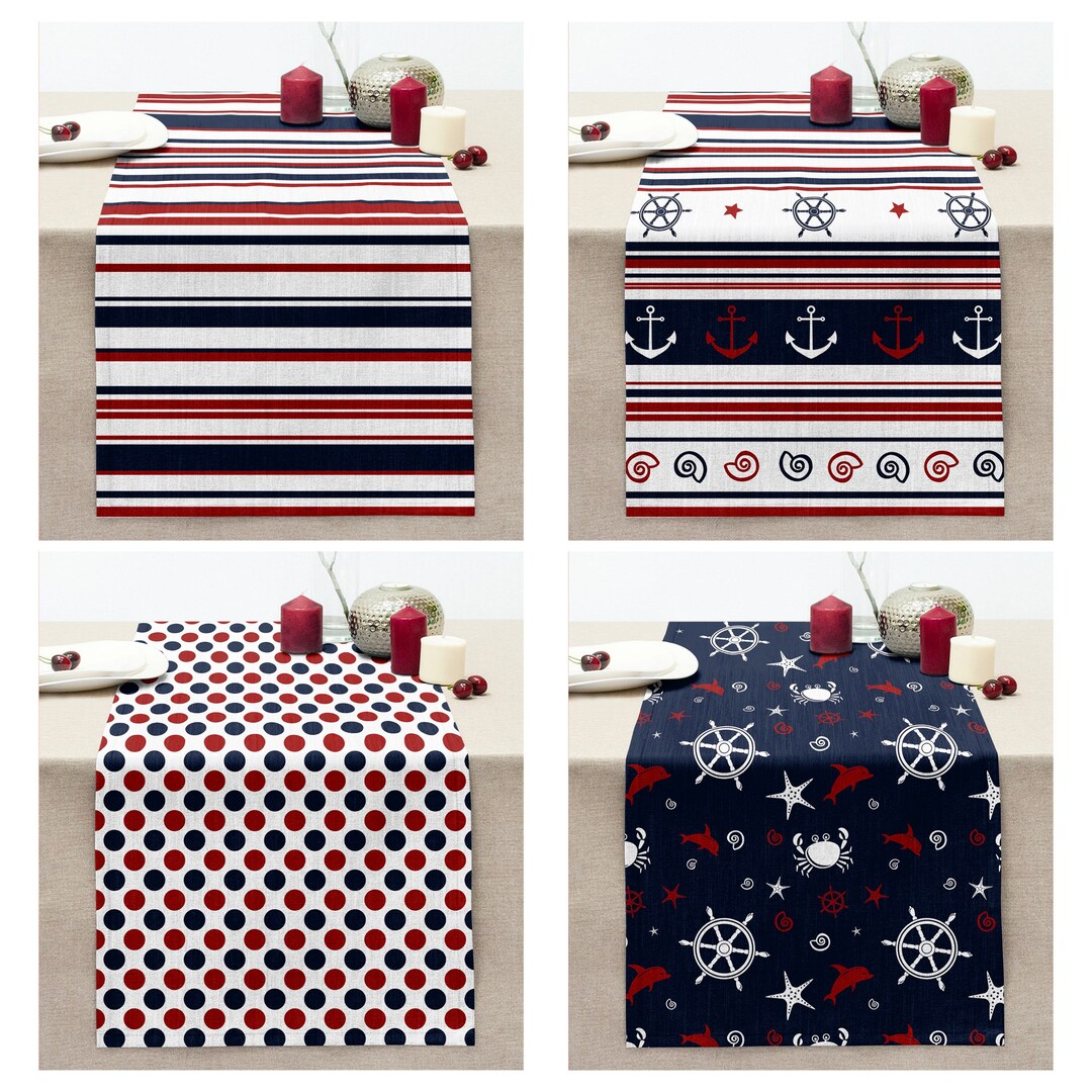 Nautical Table Runner, Anchor Table Top, Navy Blue Coastal Table Cloth