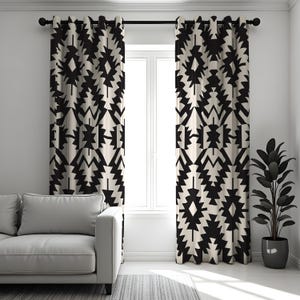 Black and White Aztec Curtains, Bold Geometric Window Panels, Modern Tribal Drapes, Minimalist Monochrome Living Room Decor