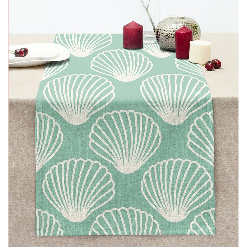 Coastal Sea Pattern Table Runner, Seashell Table Cloth, Water Green ...
