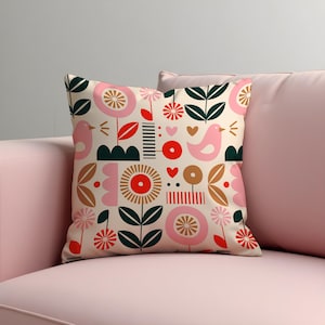 Funda de cojín de arte popular escandinavo, con diseño de pájaro rosa y flores, decoración bohemia moderna para habitación infantil, con un toque geométrico caprichoso.