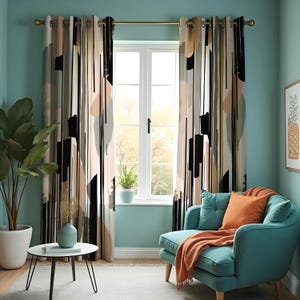 Neutrale abstrakte Vorhänge, moderne beige und schwarze Tüllenvorhänge, zeitgenössische minimalistische Fenstertafel für Schlafzimmer oder Wohnzimmer