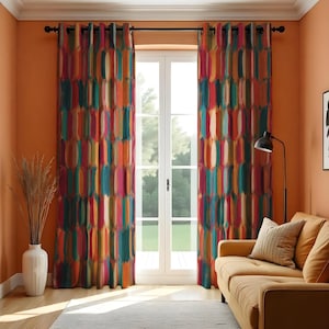 Kleurrijk abstract geometrisch gordijn, gewaagd retropatroon in rood, blauw en oranje, moderne raambekleding, aangepast formaat beschikbaar, op bestelling gemaakt