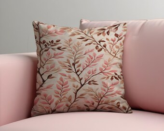 Pink Botanical Cushion Cover, Blush Leaf Pillow Case, Neutral Floral Throw Cushion Cover