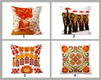 Orange Elephant Cushion Cover, Ethnic Flower Pillowcase, Women's Boho Home Decor, Exotic Living Room Accent, Unique Bedroom Throw Pillow