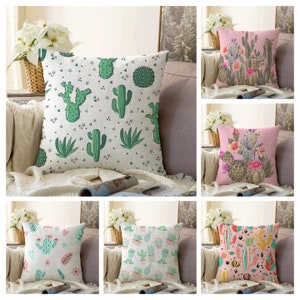 Cactus Cushion Cover, Botanical Pillow Case, Green Pink Plant Living Room Decoration, Flower Cushion Cover, Floral Pillow Case