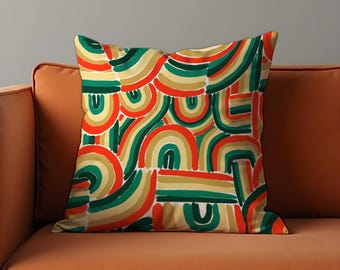 Kleurrijke abstracte regenboog kussenhoes, gedurfde groene, gele en oranje kussensloop met penseelstreek, retro sierkussenhoes, eclectisch huisdecor