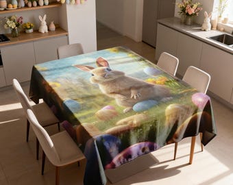 Easter Bunny Tablecloth, Rabbit Meadow Spring Table Cover, Colorful Easter Dining Decor, Rectangular Table Linen