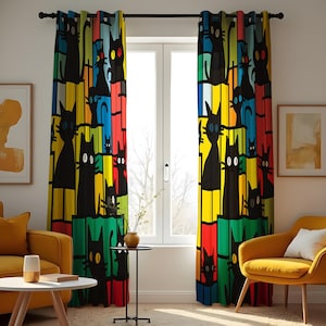 Cortina con estampado de gatos coloridos, cortina con gatos negros llamativos, tratamiento de ventana con bloques verdes divertidos y extravagantes, tamaño personalizado disponible