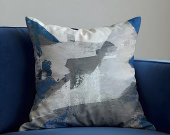 Fodera per cuscino astratta blu-grigio, fodera per cuscino d'arte moderna, federa decorativa per divano, arredamento minimalista e contemporaneo per la casa