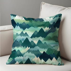 Mountain Range Throw Pillow Cover, Green and Teal Watercolor Landscape Cushion Case, Nature Adventure Inspired Home Decor Accent