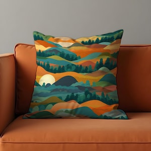 Colorful Mountain Sunset Cushion Cover, Abstract Landscape Pillow Case, Vibrant Forest Hills Throw Pillow Cover, Eclectic Home Decor