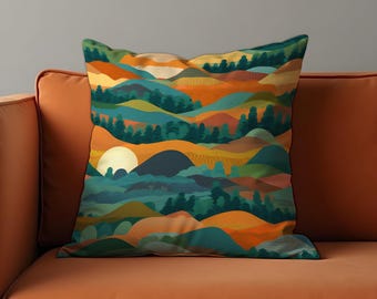 Housse de coussin montagne colorée coucher de soleil, taie d'oreiller paysage abstrait, housse de coussin coloré collines forestières, décoration d'intérieur éclectique