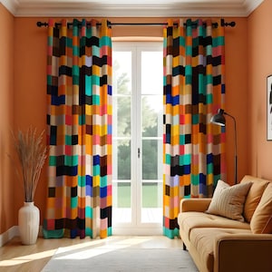 Color Block Curtains, Modern Wavy Geometric Drapes, Multicolor Made to Measure Window Panels, Bold Abstract Window Treatment