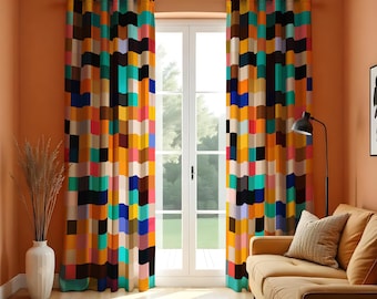 Color Block Curtains, Modern Wavy Geometric Drapes, Multicolor Made to Measure Window Panels, Bold Abstract Window Treatment
