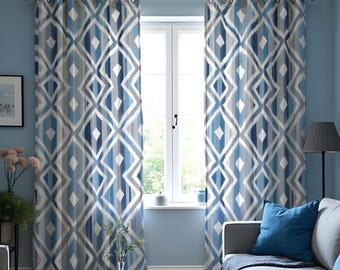 Blue Geometric Curtains, Modern Diamond Pattern Drapes, Custom Window Panels for Living Room Bedroom Coastal Home Decor