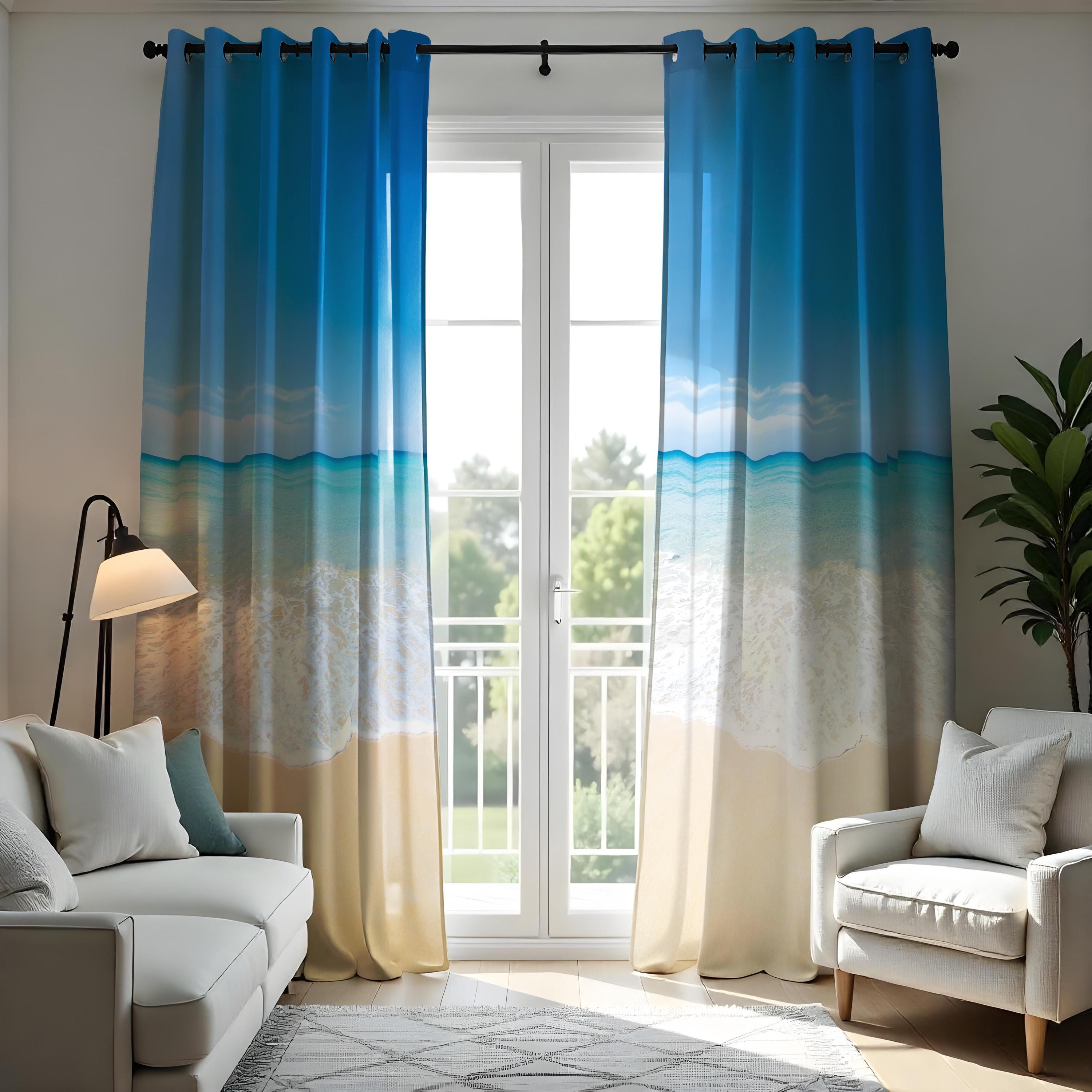 Beach Ocean Scene Curtains, Serene Seaside Window Drapes, Custom Length