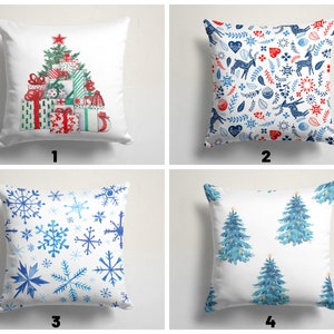 Federa per cuscino regalo di Natale/Festività di Natale/Federe per cuscino decorative blu e bianche con fiocco di neve di Natale/Federe per cuscino con albero di pino