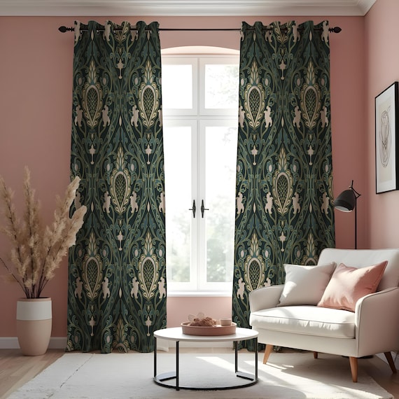 Dunkelgrüne Jugendstil Vorhänge, klassisches Blumenmuster, Gardinen nach Maß